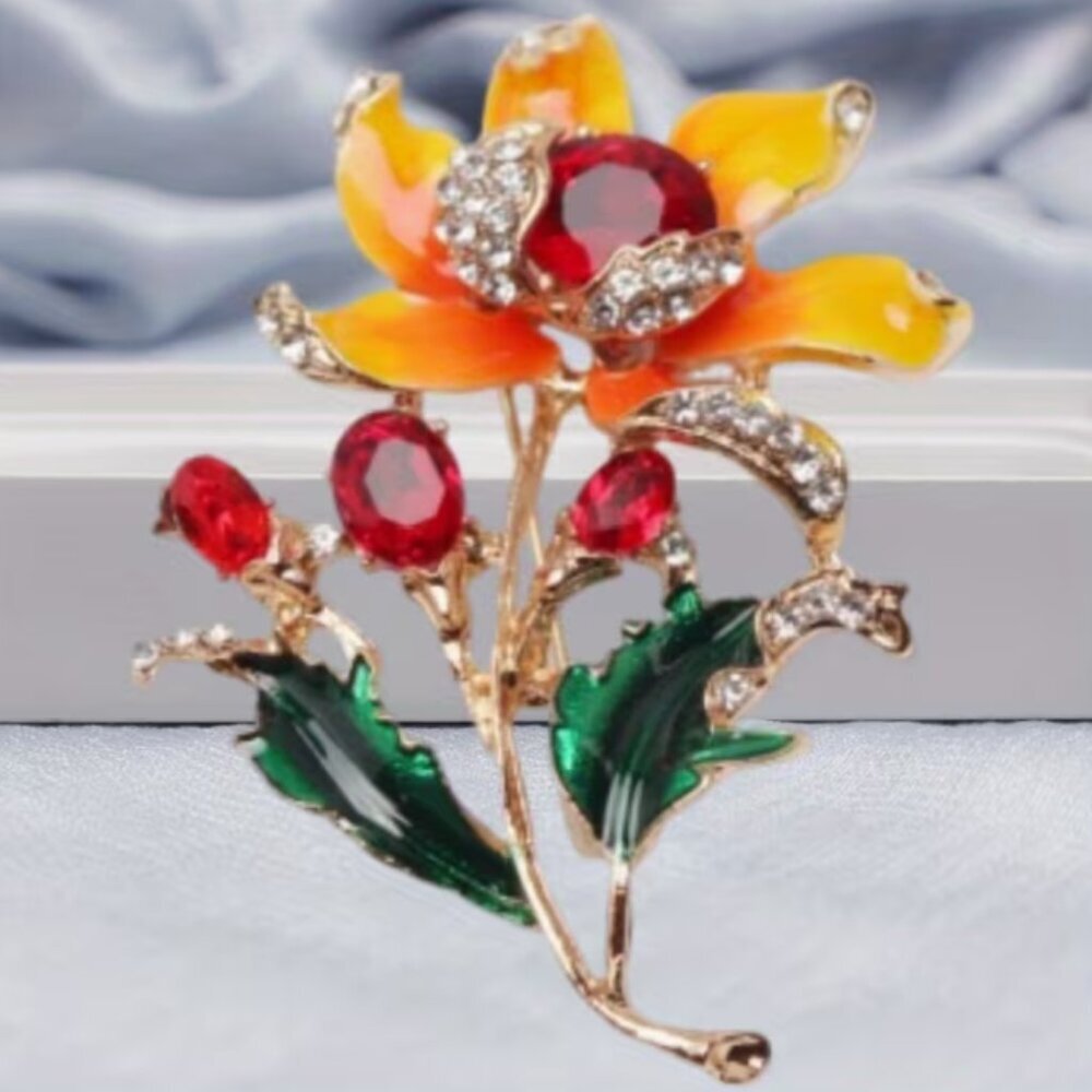 Vintage Style Colorful Yellow & Red Crystal Enamel Floral Fashion Brooch Pin 2"
